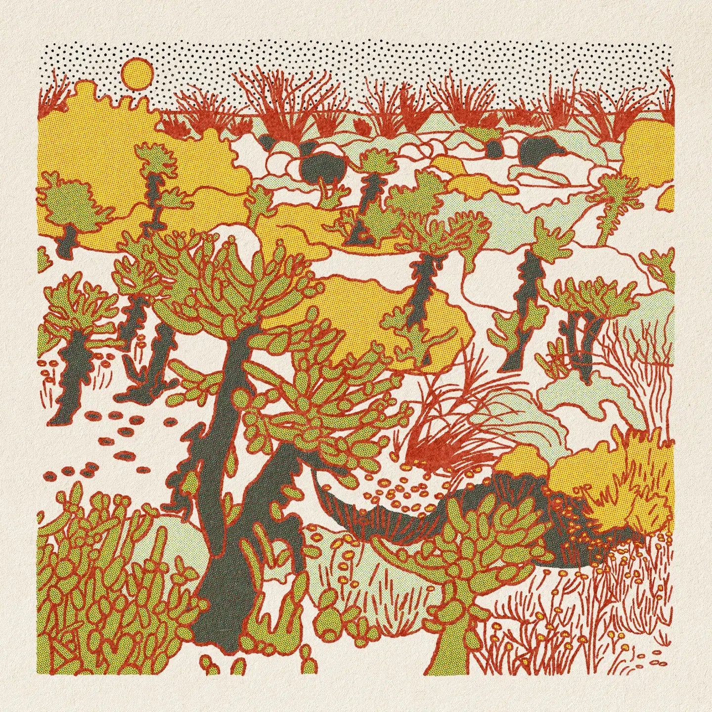 Colorful abstract landscape with trees and plants on a beige background