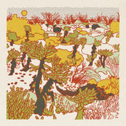 Colorful abstract landscape with trees and plants on a beige background