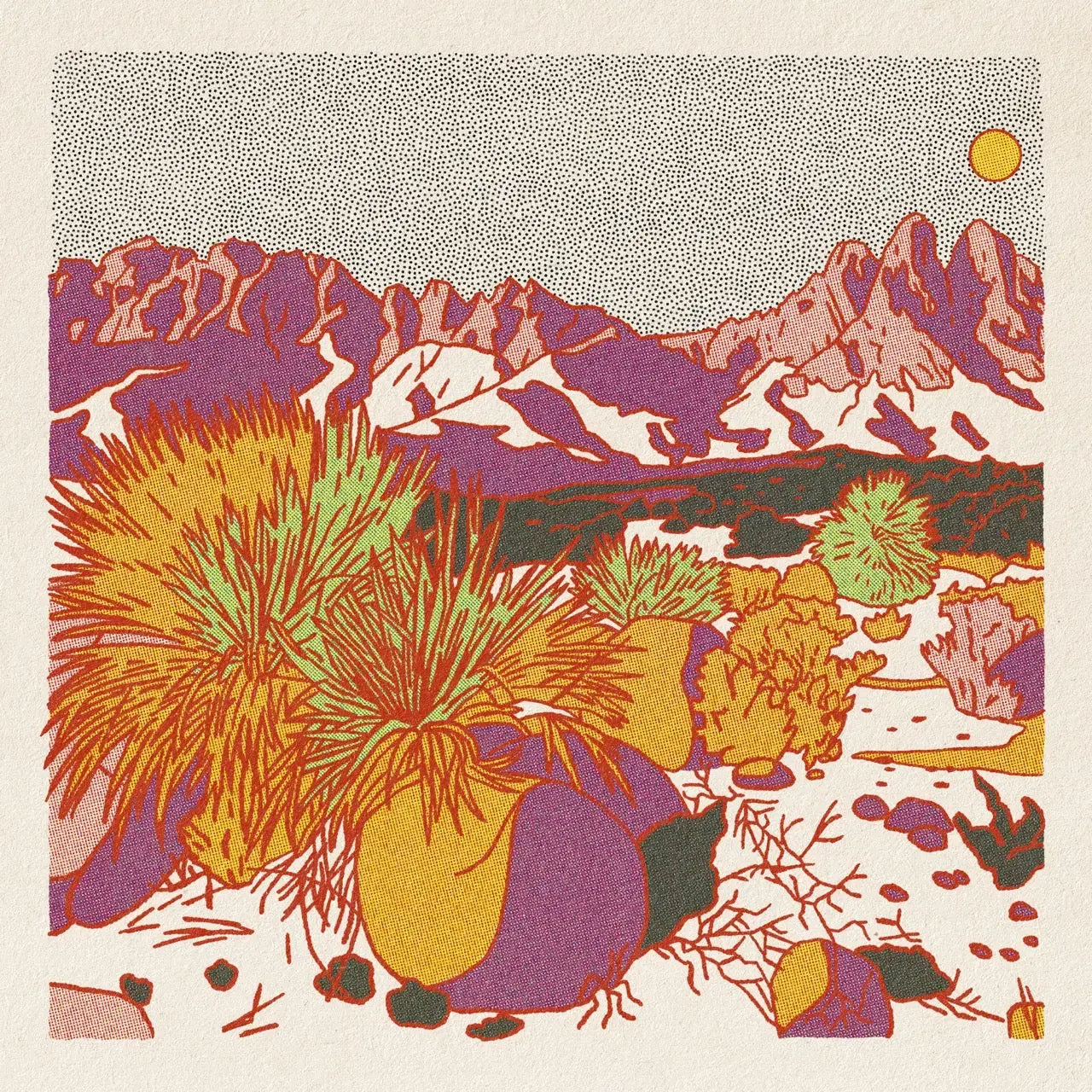Colorful illustration of a mountain landscape with plants and a sun.