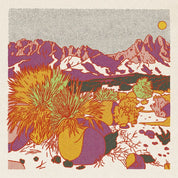 Colorful illustration of a mountain landscape with plants and a sun.