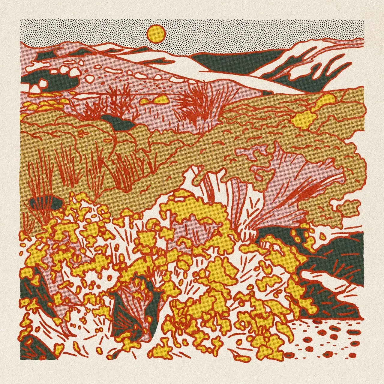 Colorful landscape illustration with mountains, trees, and flowers on a beige background