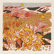 Colorful landscape illustration with mountains, trees, and flowers on a beige background