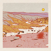 Illustration of a desert landscape with mountains and a sun.