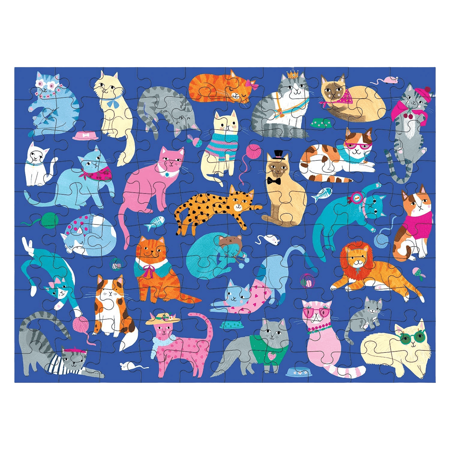 Jigsaw puzzle with colorful cat illustrations on a blue background