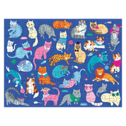 Jigsaw puzzle with colorful cat illustrations on a blue background