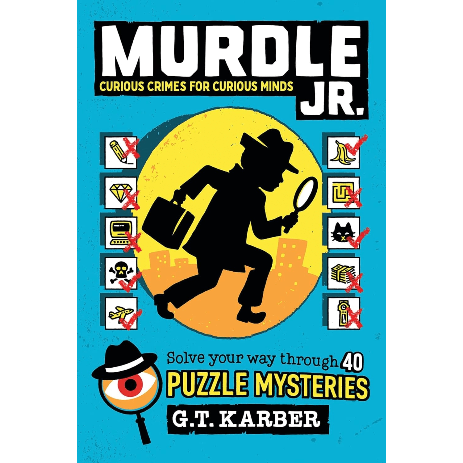 Book cover of 'Murdle Jr.' with a silhouette of a detective and text about puzzle mysteries.