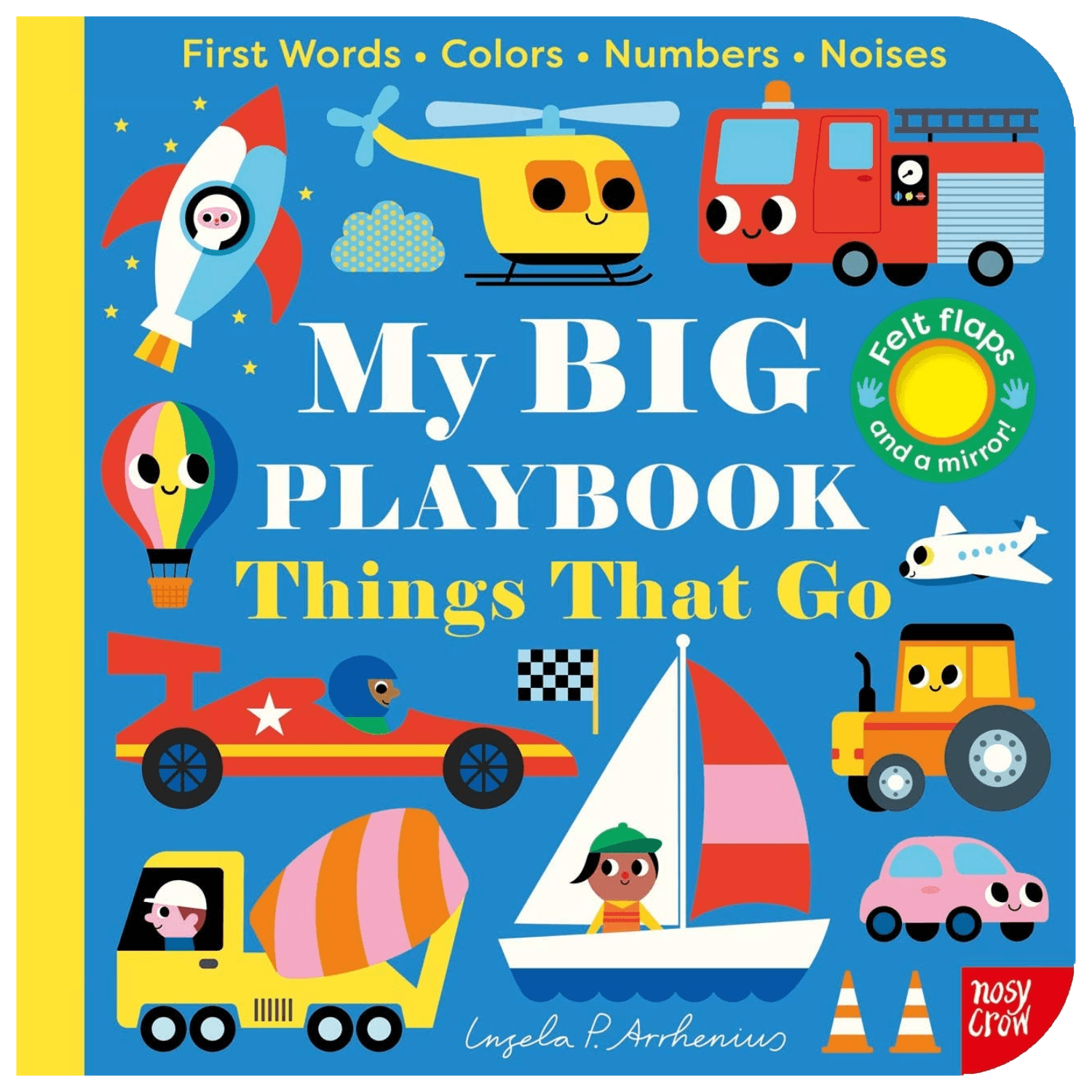 Children's book cover titled 'My Big Playbook Things That Go' with colorful illustrations of vehicles and objects on a blue background.