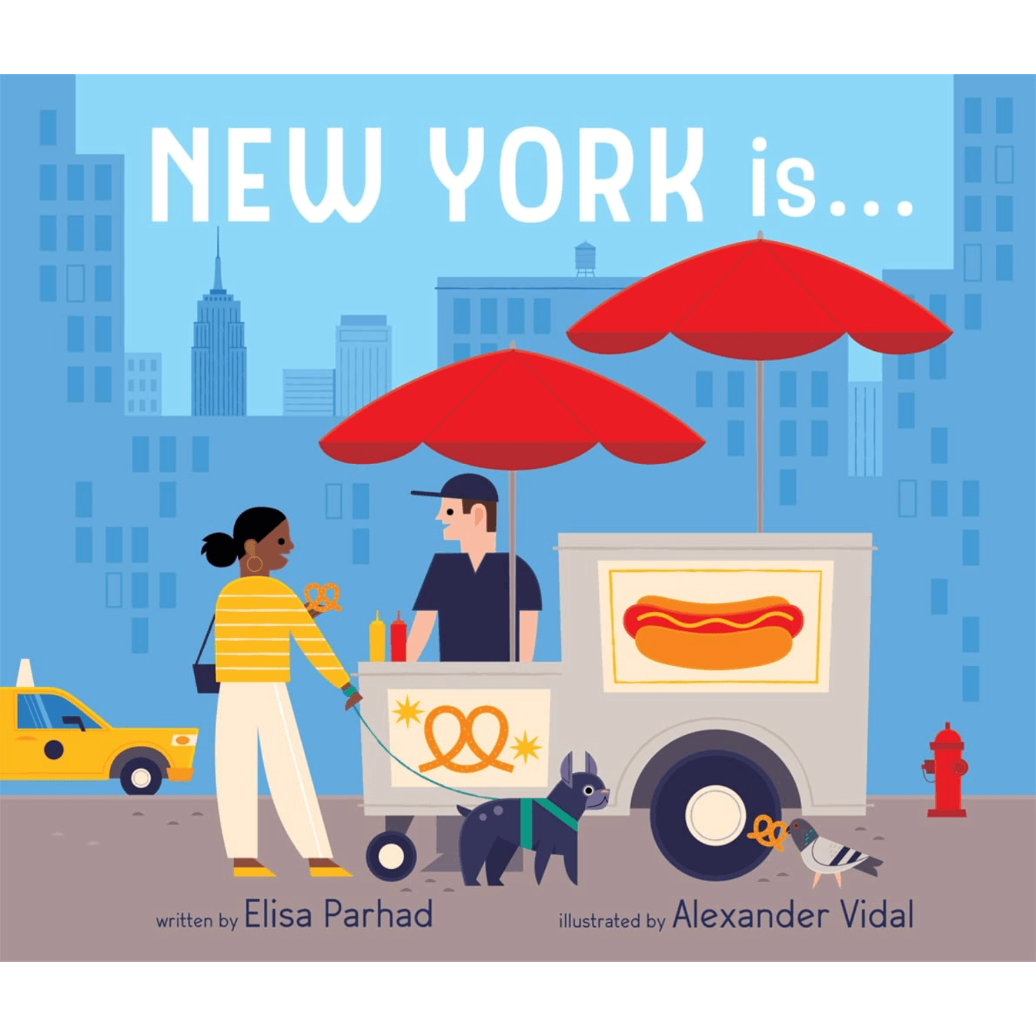 Book cover of 'New York is...' with a hot dog cart and city skyline.