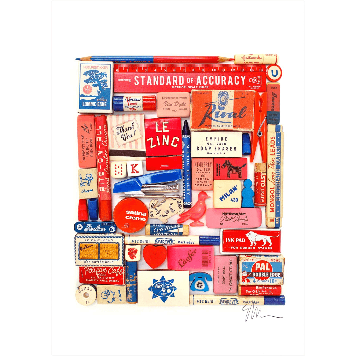 Collection of vintage stationery items arranged in a collage on a white background