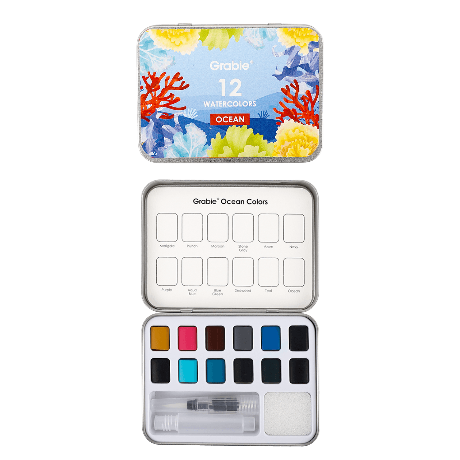Grabie 12 watercolor ocean set with colorful lid design