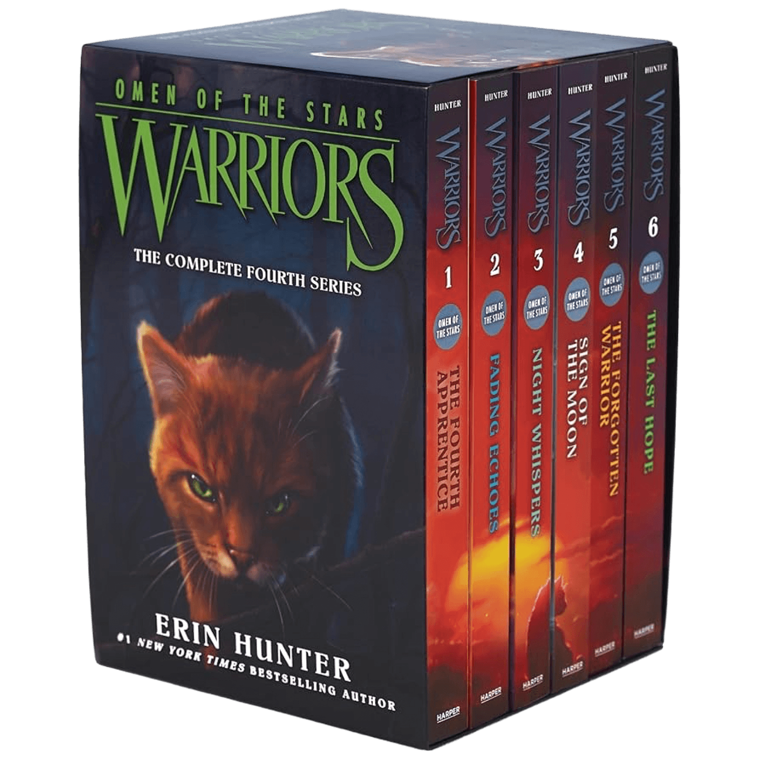 Collection of 'Warriors' books by Erin Hunter with a prominent cover featuring an orange cat with green eyes in a dark forest. 