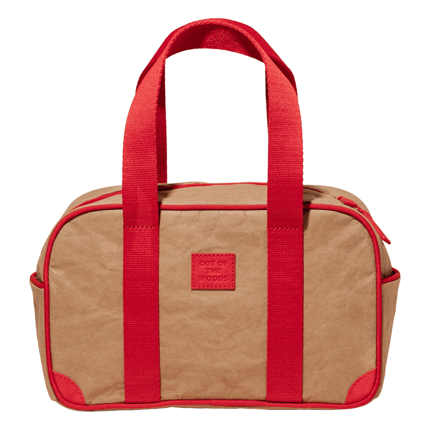 Brown bag with red handles and trim.