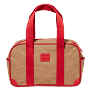 Brown bag with red handles and trim.