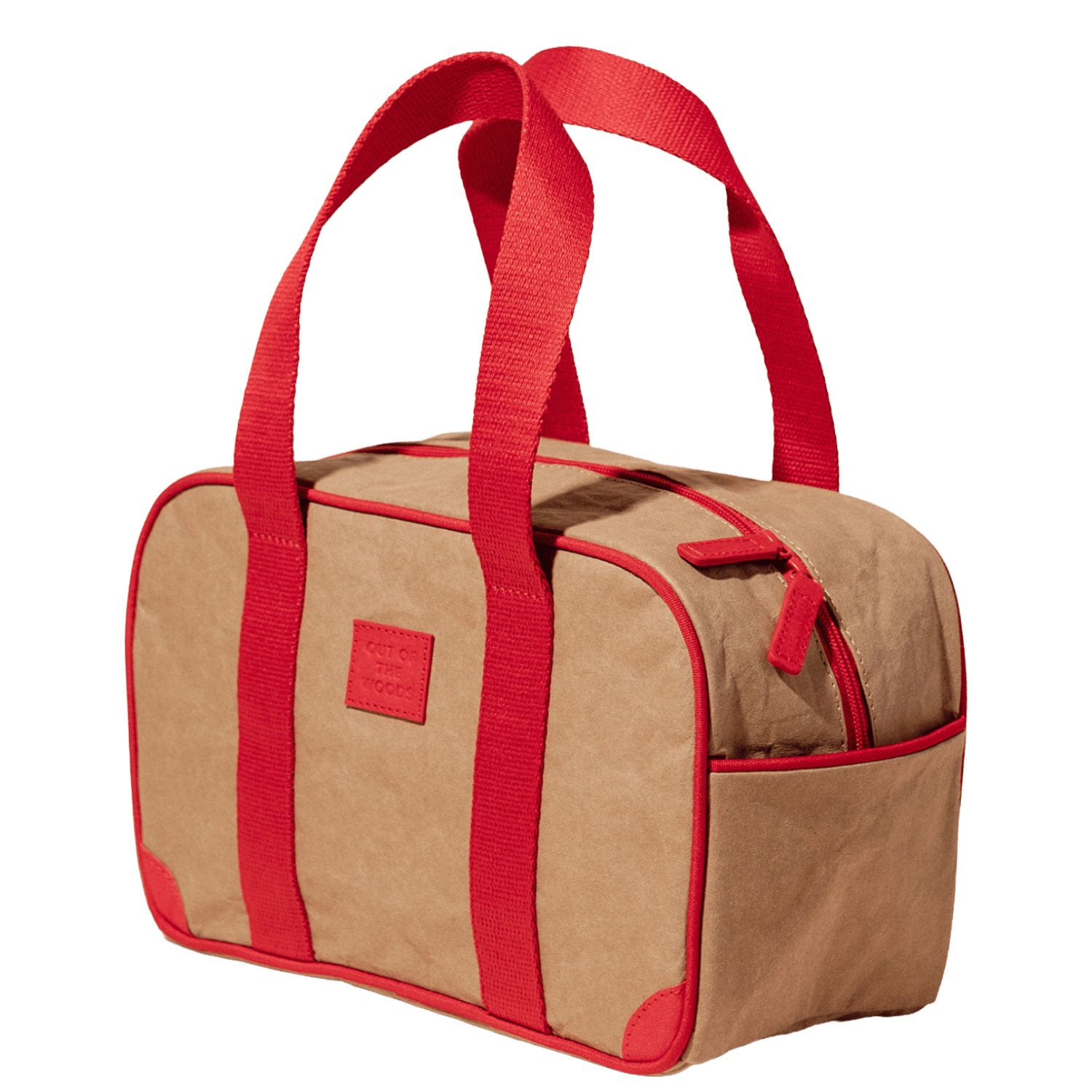 Brown lunch cooler with red handles and trim
