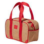Brown lunch cooler with red handles and trim