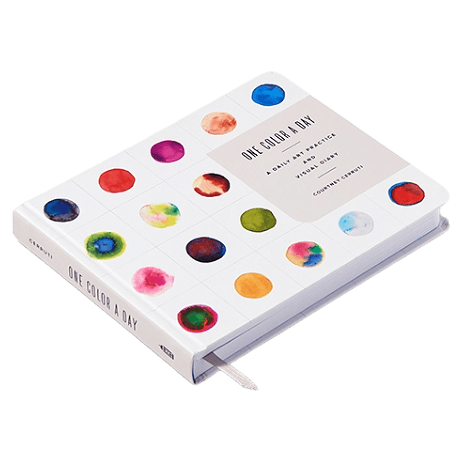 Front and side of a book with colorful dot design on a white background