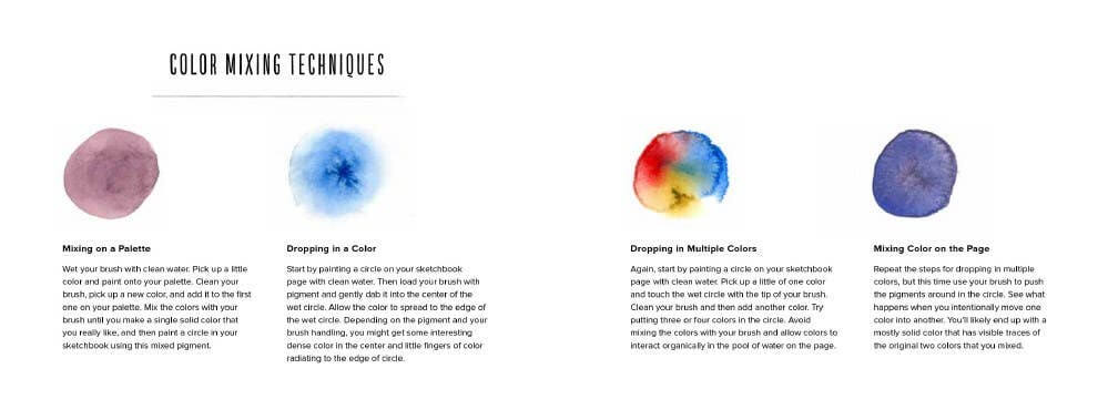 Book pages of color mixing techniques with color swatches and text on a white background
