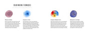 Book pages of color mixing techniques with color swatches and text on a white background