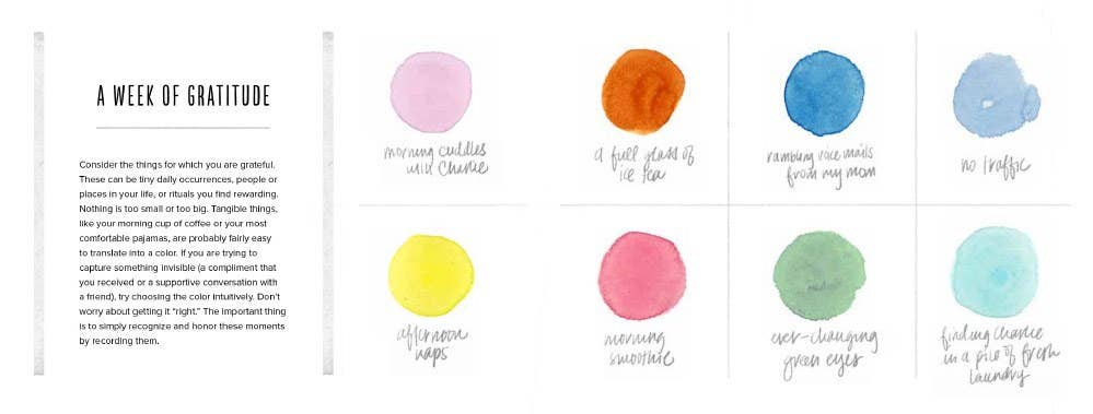 Book pages of color swatches of "A Week of Gratitude" with corresponding words on a white background