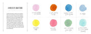 Book pages of color swatches of "A Week of Gratitude" with corresponding words on a white background