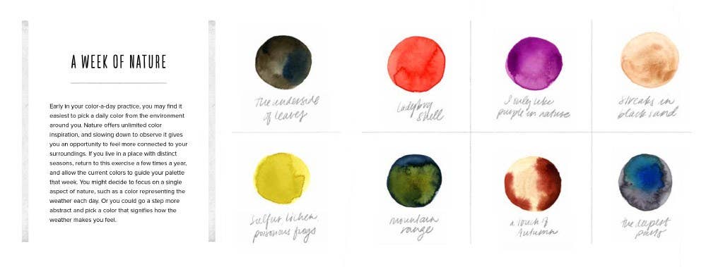 Book pages of color swatches of "A Week of Nature" with corresponding names and text on a white background