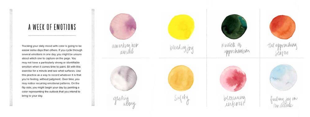 Book pages with colorful circular emotions chart with descriptive text on a white background