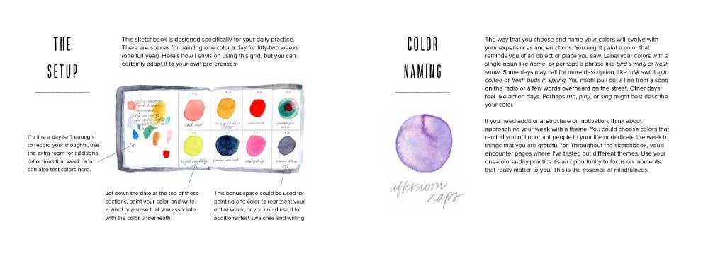 Book pages of color swatches and naming guide with a purple circle labeled 'Purple' on a white background.
