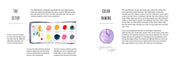 Book pages of color swatches and naming guide with a purple circle labeled 'Purple' on a white background.