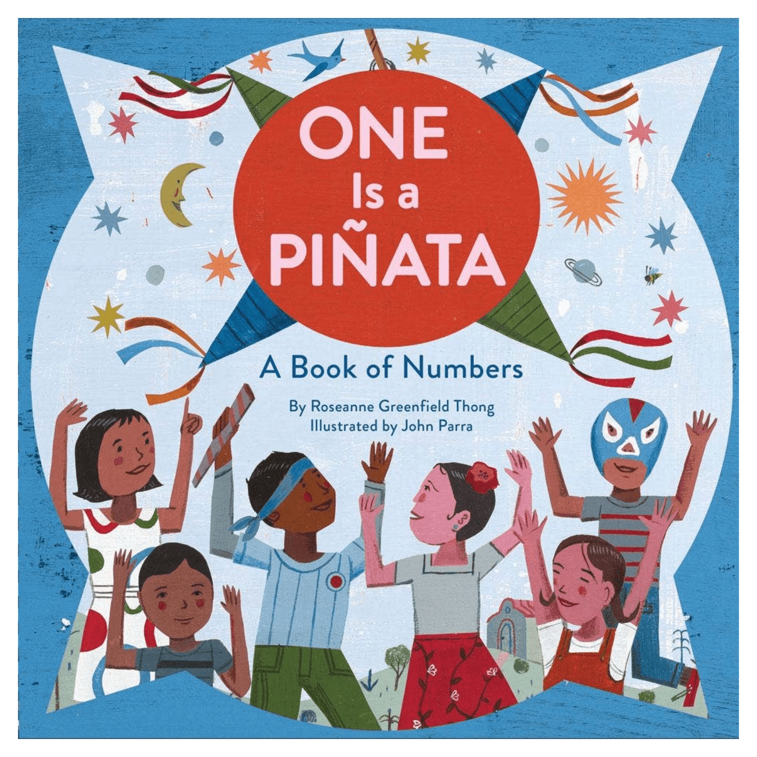 Book cover of 'One Is a Piñata' with children and colorful design
