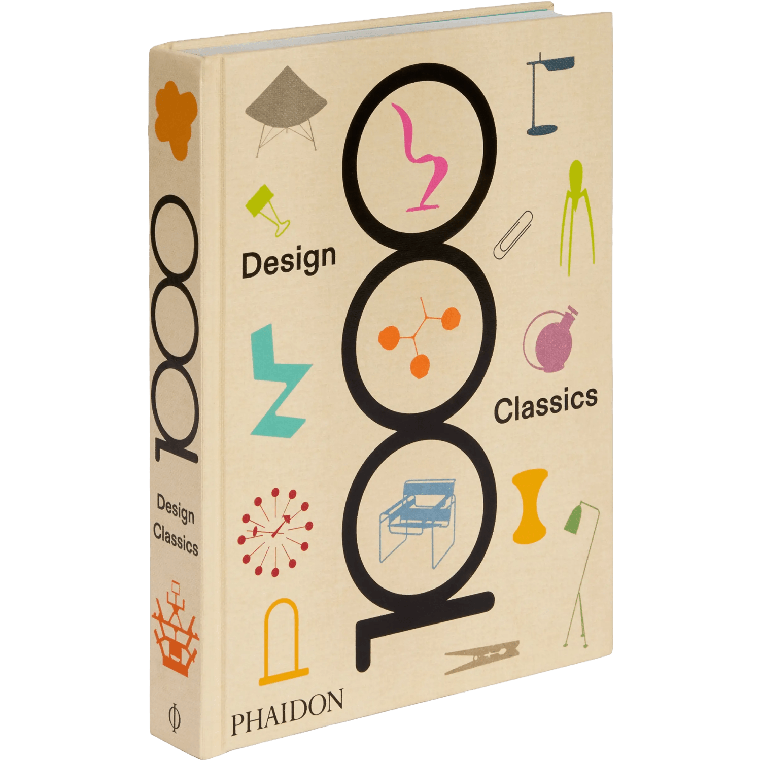 Book titled 'Design Classics' with colorful icons on a beige background