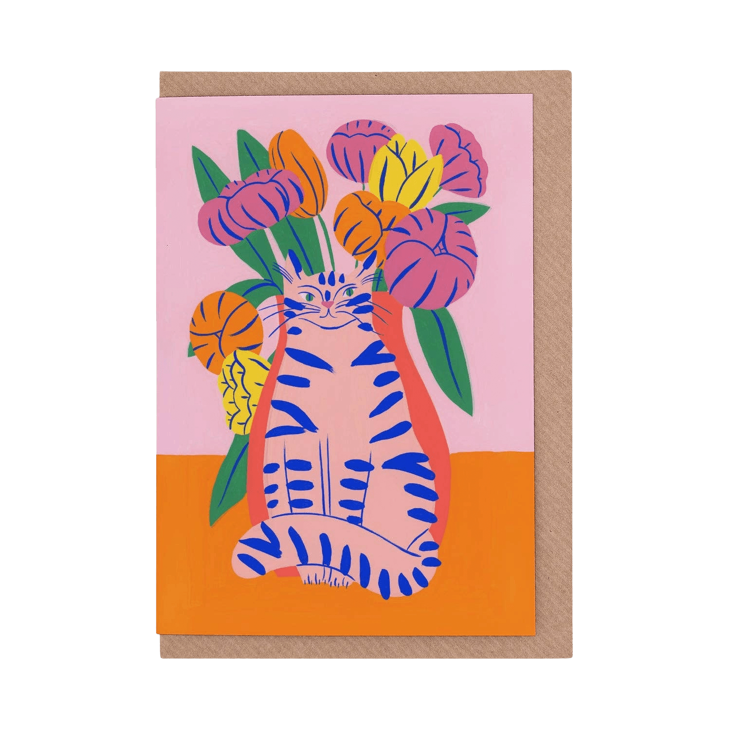 Greeting card with a tiger and floral design on a pink and orange background