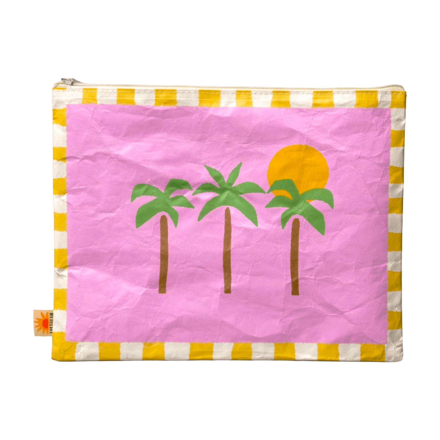 Pink pouch with palm tree and sun design on a yellow and white striped border