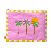 Pink pouch with palm tree and sun design on a yellow and white striped border