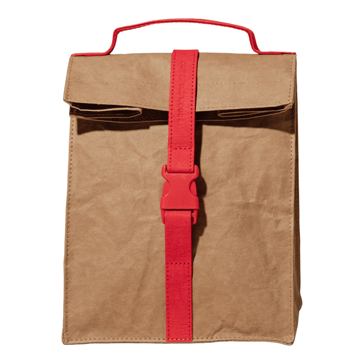 Brown bag Lunch Bag with a red strap.