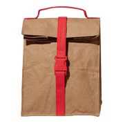Brown bag Lunch Bag with a red strap.