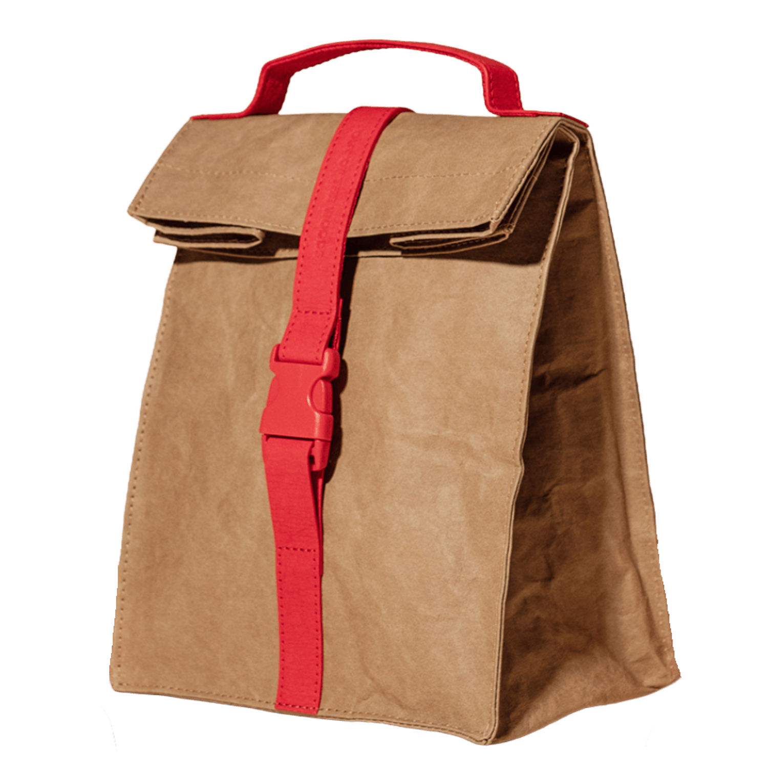 Brown bag with a red strap.