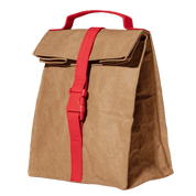Brown bag with a red strap.