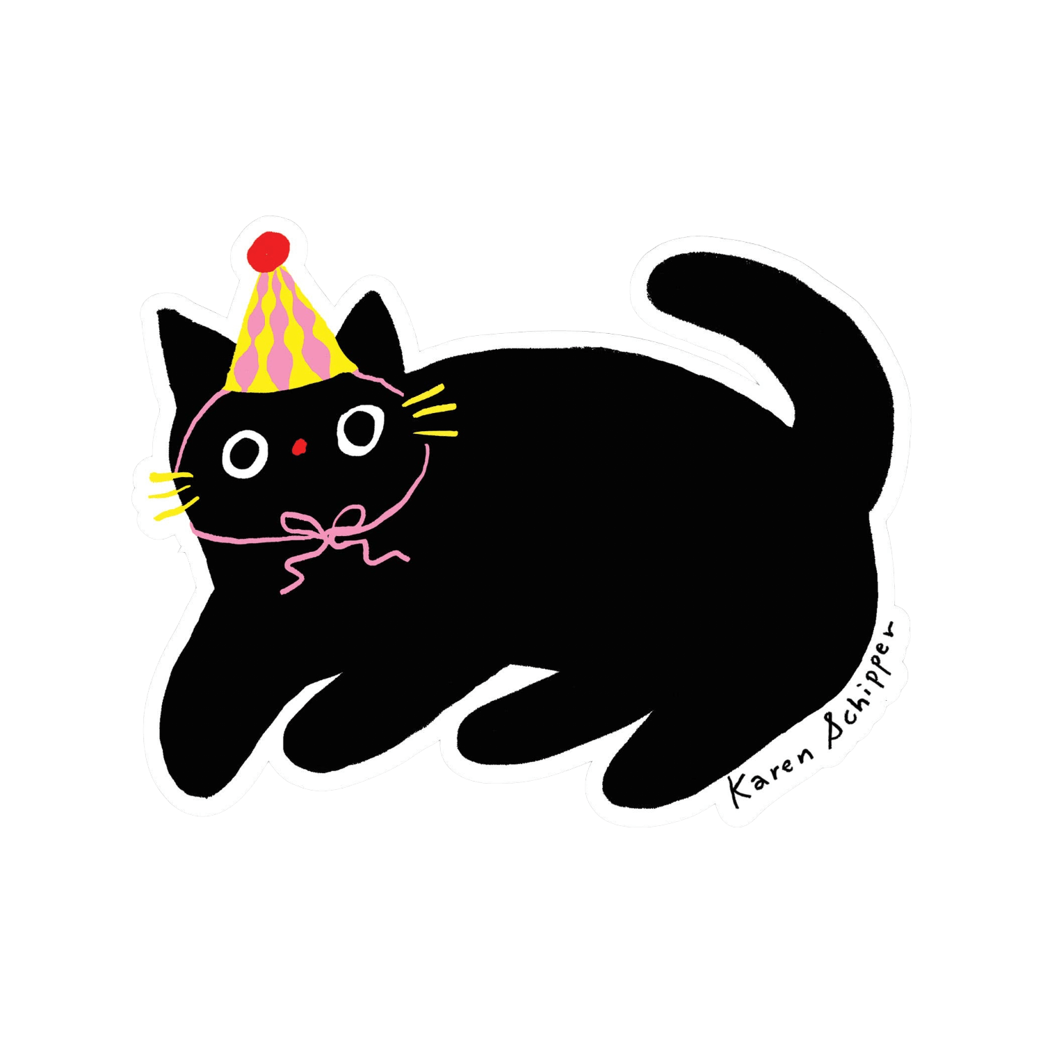 Black cat wearing a party hat, artist's signature visible.