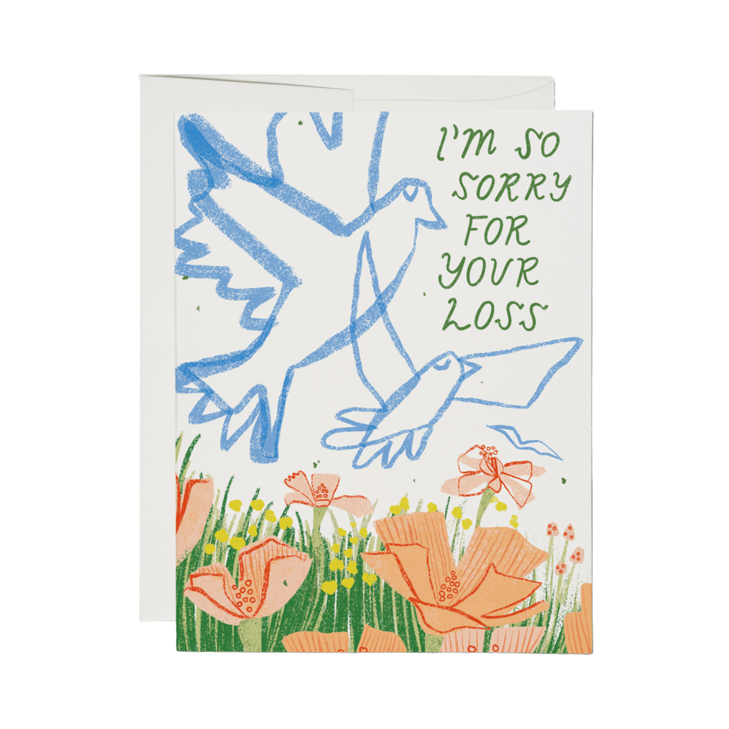 Greeting card with blue dove illustration and floral design on a white background