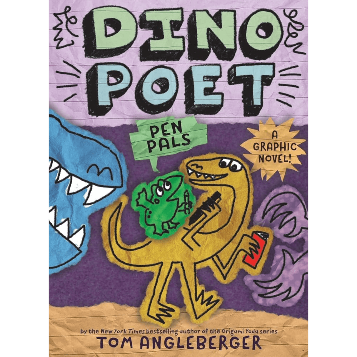 Book cover for 'Dino Poet' by Tom Angleberger, featuring a colorful cartoon illustration of a light brown dinosaur holding a pen and red notebook, with a green dinosaur and a blue dinosaur, on a purple background.