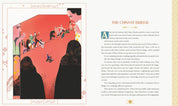Illustrated book page with characters and text on a pink background
