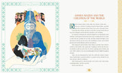Illustration of Ahura Mazda with a goat and people, accompanied by text on a decorative page.