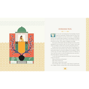 Book open to an illustration of a woman in a tower and text on a beige background