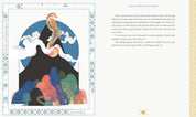Illustrated book page with a colorful mountain and text on a decorative border.