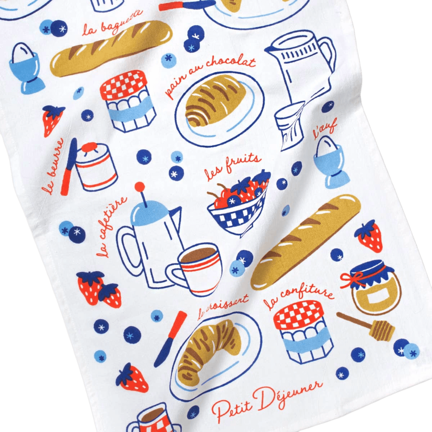 Colorful towel with French breakfast-themed illustrations on a white background