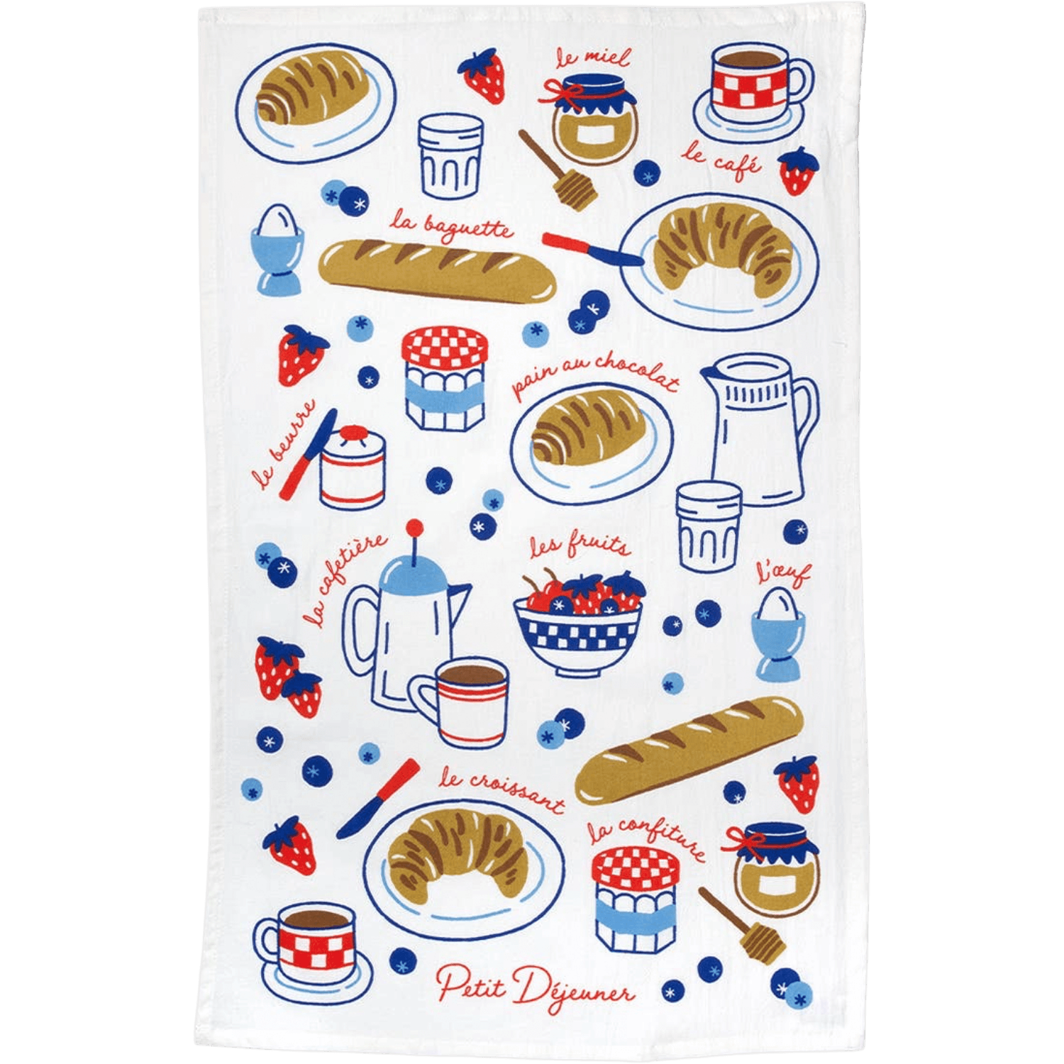 Tea towel with French breakfast-themed illustrations on a white background