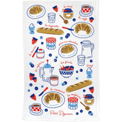 Tea towel with French breakfast-themed illustrations on a white background