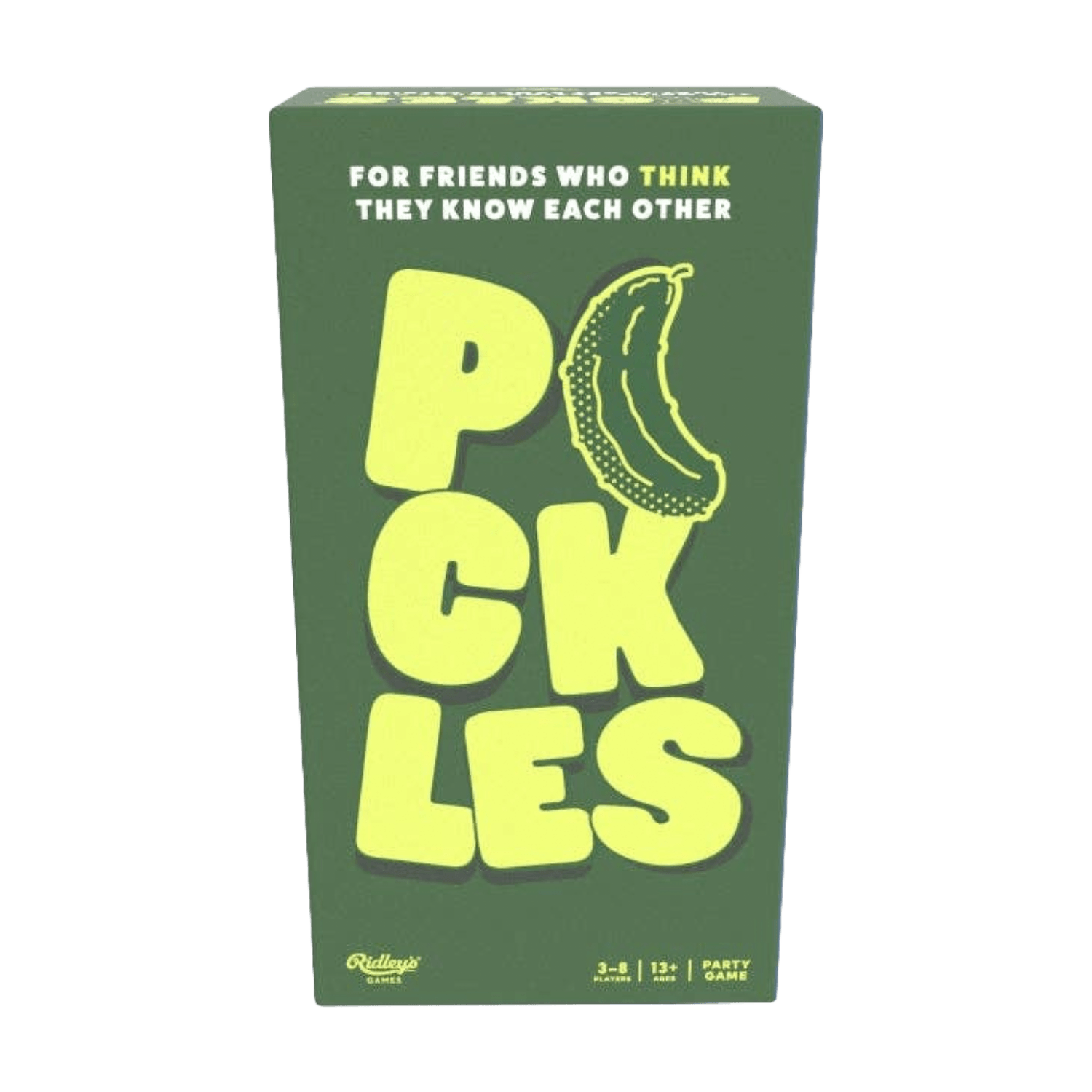 Green box with yellow text and pickle illustration.