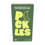 Green box with yellow text and pickle illustration.