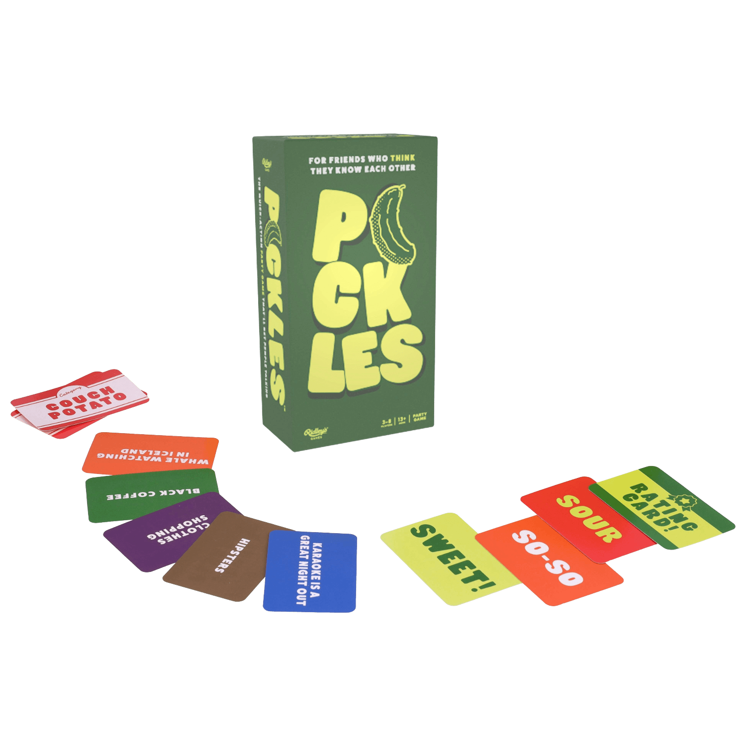 Card game 'Pickles' with colorful cards and green box.